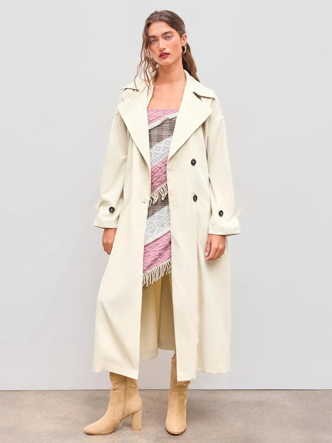 CIDER Oversized Solid Collar Long Trench Coat With Belt