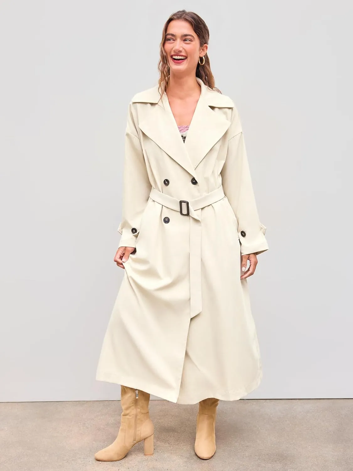 CIDER Oversized Solid Collar Long Trench Coat With Belt