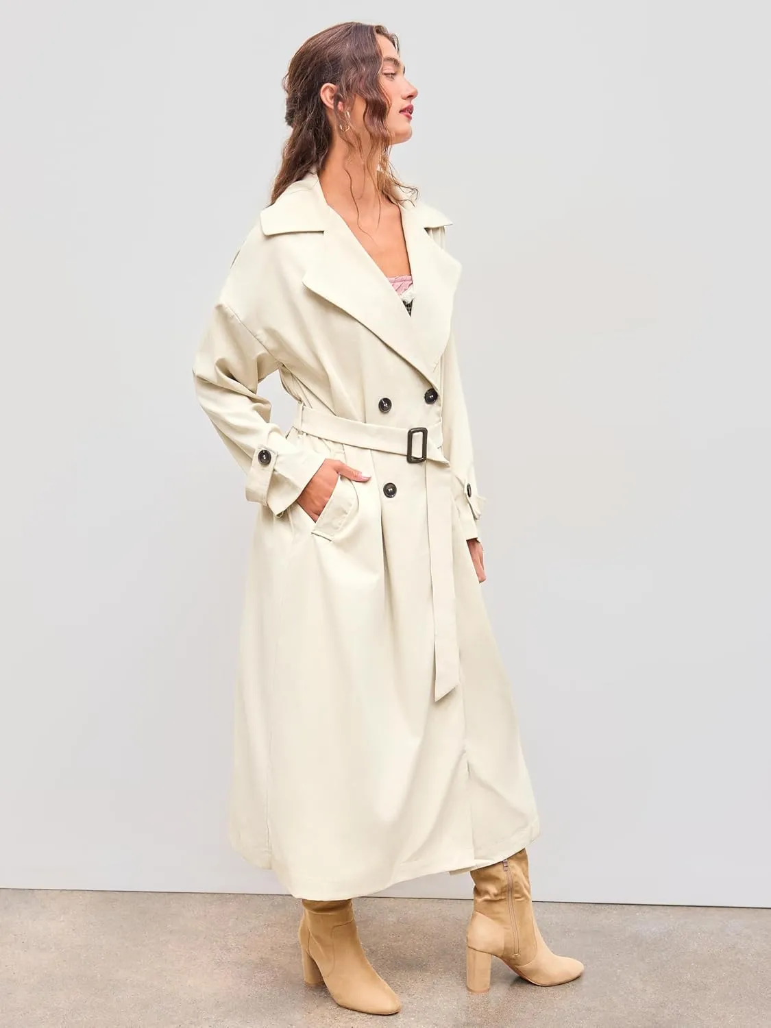 CIDER Oversized Solid Collar Long Trench Coat With Belt