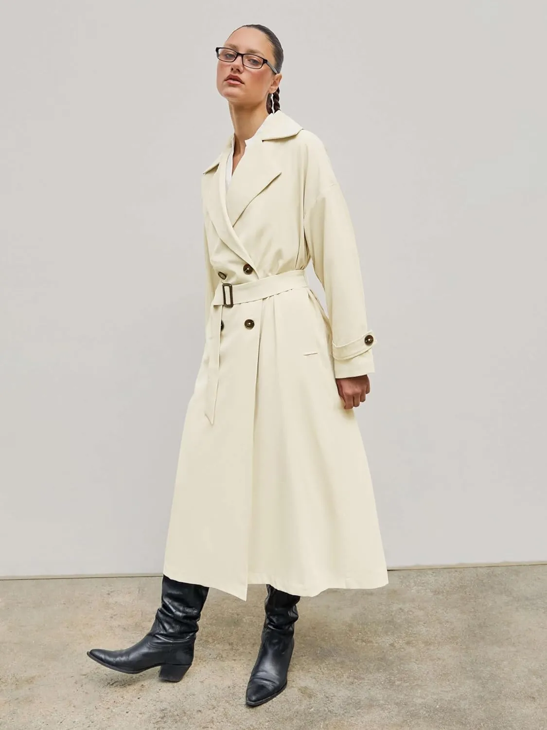 CIDER Oversized Solid Collar Long Trench Coat With Belt