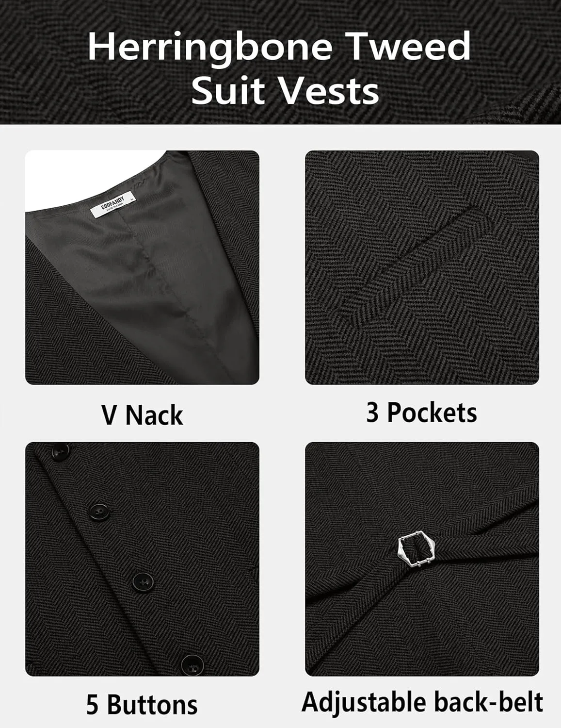 COOFANDY Men's Herringbone Tweed Suit Vests Slim Fit Waistcoat Casual Business Dress Vest