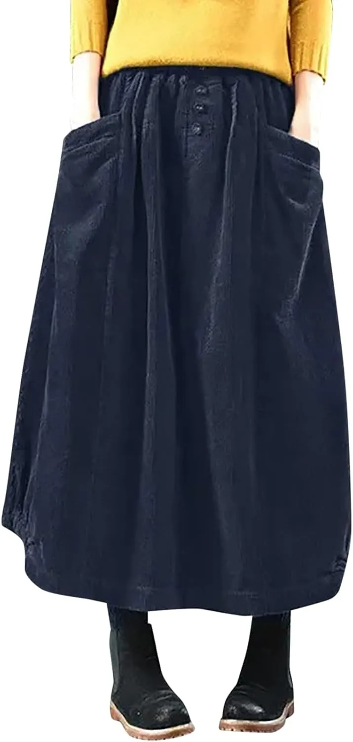 Corduroy Skirts for Women High Waisted A-Line Midi Length Casual Skirt with Elastic Waist and Retro Plaid Design