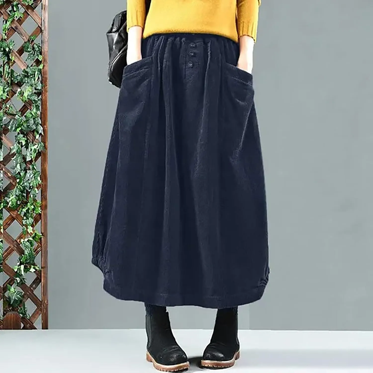 Corduroy Skirts for Women High Waisted A-Line Midi Length Casual Skirt with Elastic Waist and Retro Plaid Design
