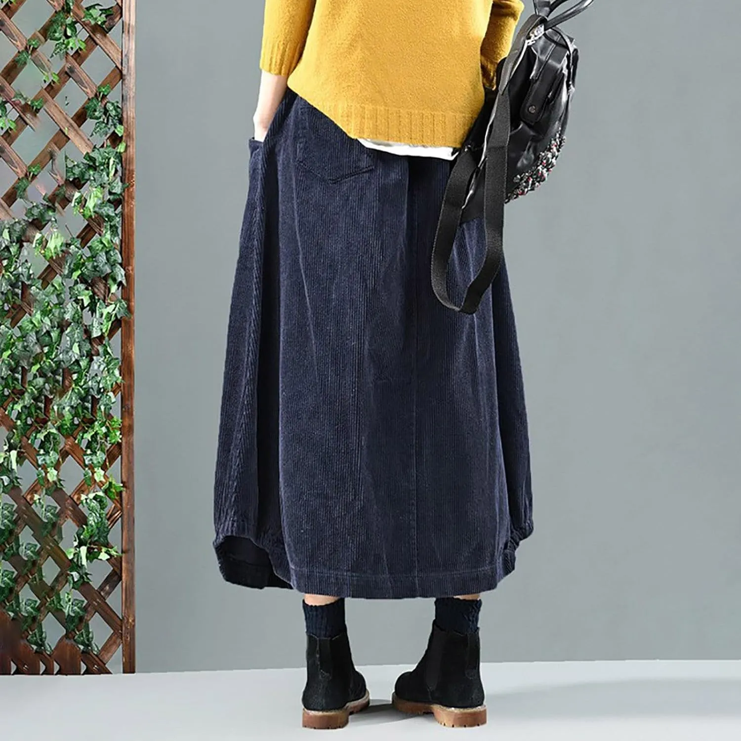 Corduroy Skirts for Women High Waisted A-Line Midi Length Casual Skirt with Elastic Waist and Retro Plaid Design