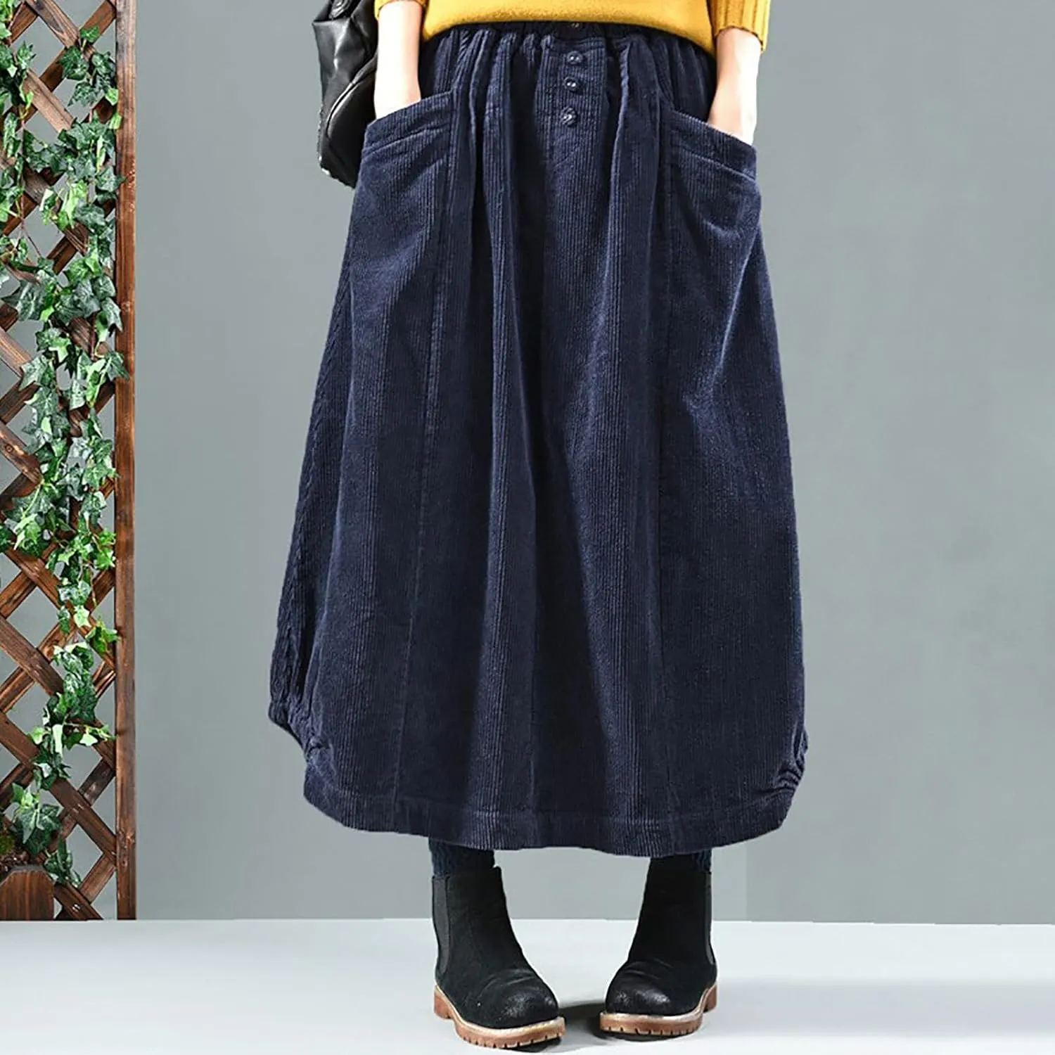 Corduroy Skirts for Women High Waisted A-Line Midi Length Casual Skirt with Elastic Waist and Retro Plaid Design