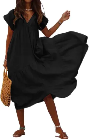 Cotton Gauze Dress for Women Casual Short Sleeve Women's Flowy Summer Loose Tiered Boho Maxi Dresses Black Linen Midi Dresses Plus Size Ladies Beach Clothing,3XL