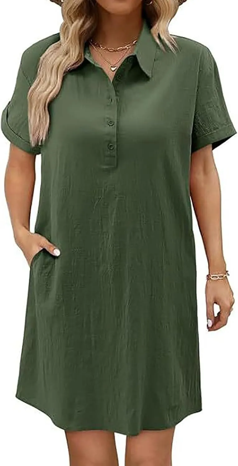 Cotton Linen Dresses for Women 2025 Summer Casual Sundress Loose Fit Short Sleeve Vacation Dress with Pockets