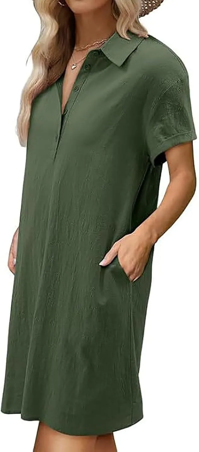 Cotton Linen Dresses for Women 2025 Summer Casual Sundress Loose Fit Short Sleeve Vacation Dress with Pockets