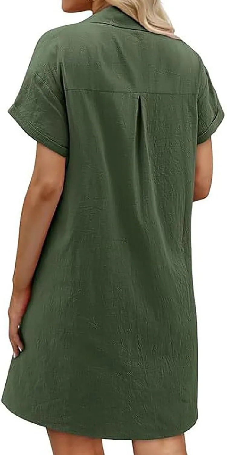 Cotton Linen Dresses for Women 2025 Summer Casual Sundress Loose Fit Short Sleeve Vacation Dress with Pockets