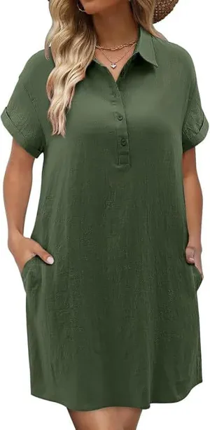 Cotton Linen Dresses for Women 2025 Summer Casual Sundress Loose Fit Short Sleeve Vacation Dress with Pockets
