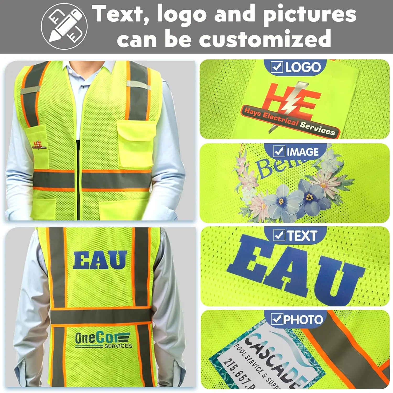 Custom Logo Safety Vest(S,M,L,XL,2XL,3XL,4XL) High Visibility Reflective Safety Vests Class 2