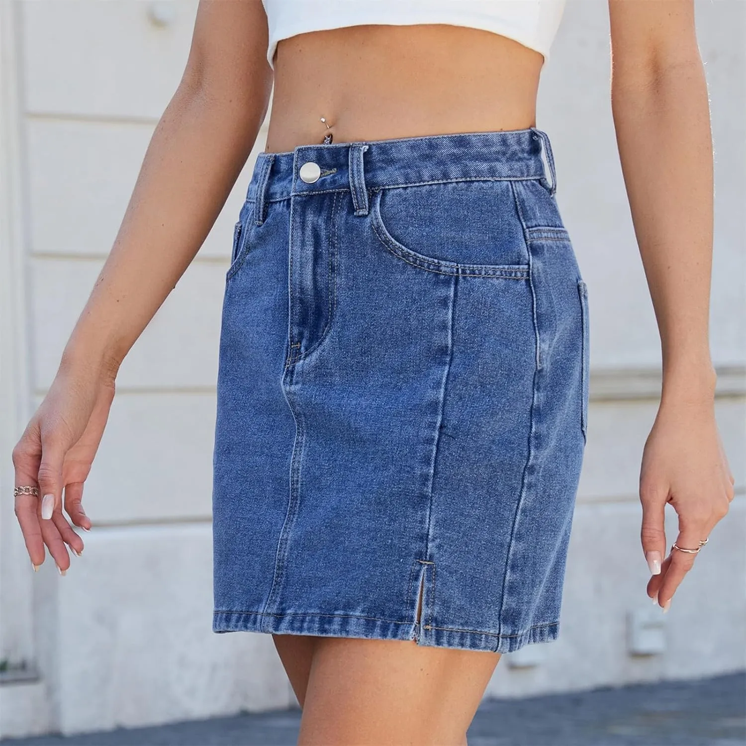 Denim Skirts for Women High Waisted Side Slit Jean Skorts Solid Color Button Fly Y2K Mini Skirt