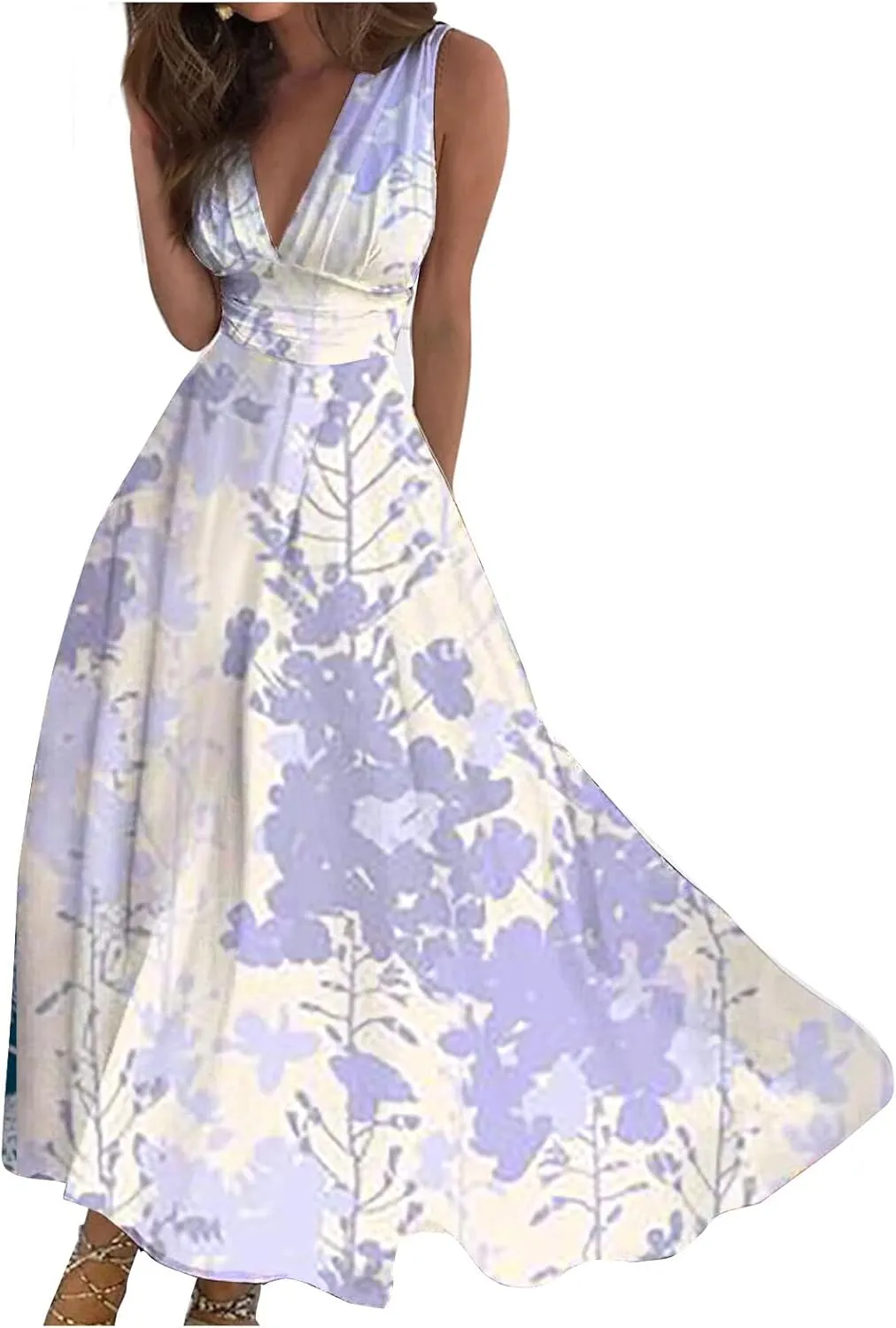 Dresses for Women 2024 Wrap V Neck Flowy Ruched Maxi Dress Sleeveless Floral Printed Beach Dresses Boho Sundresses