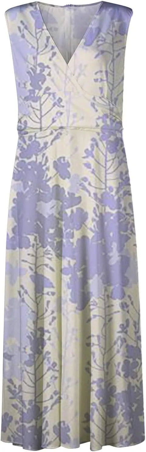 Dresses for Women 2024 Wrap V Neck Flowy Ruched Maxi Dress Sleeveless Floral Printed Beach Dresses Boho Sundresses