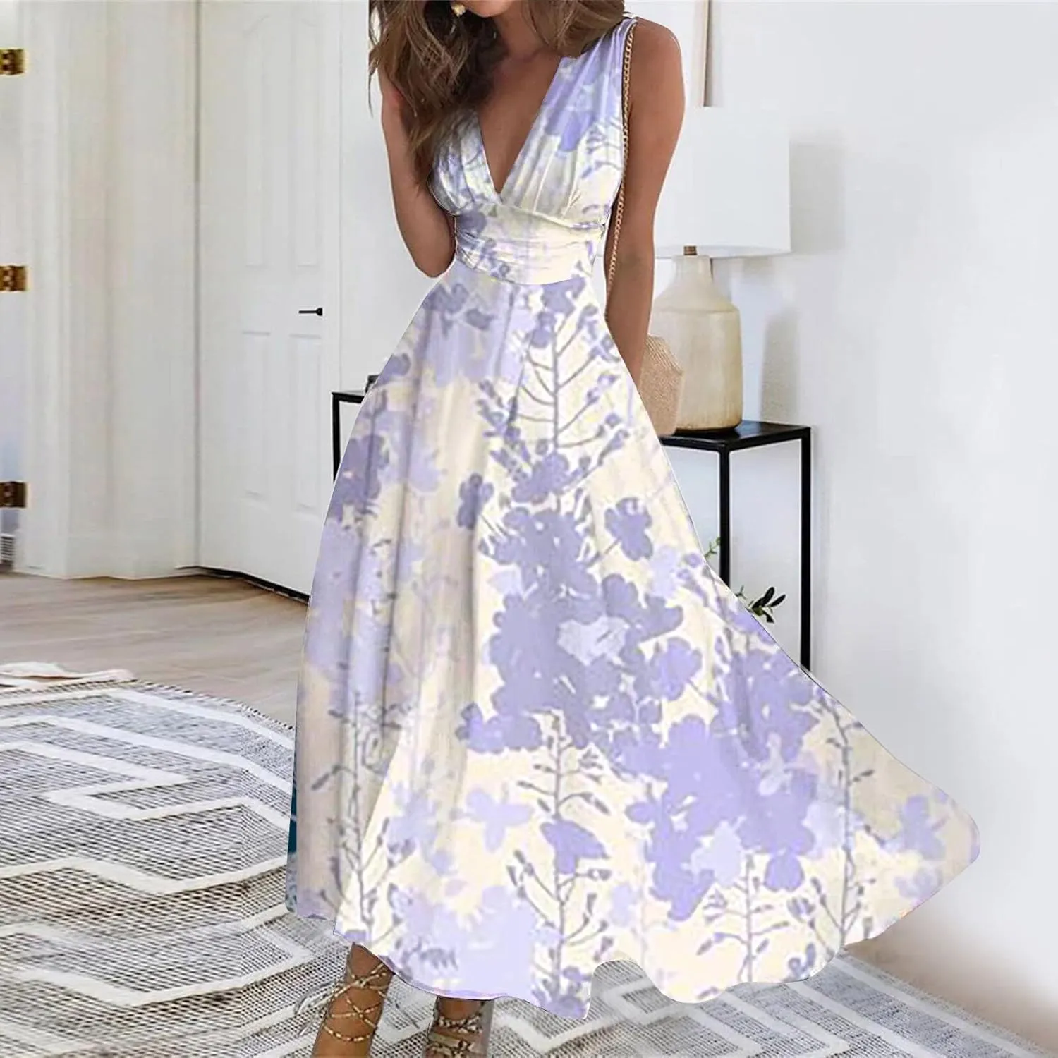 Dresses for Women 2024 Wrap V Neck Flowy Ruched Maxi Dress Sleeveless Floral Printed Beach Dresses Boho Sundresses