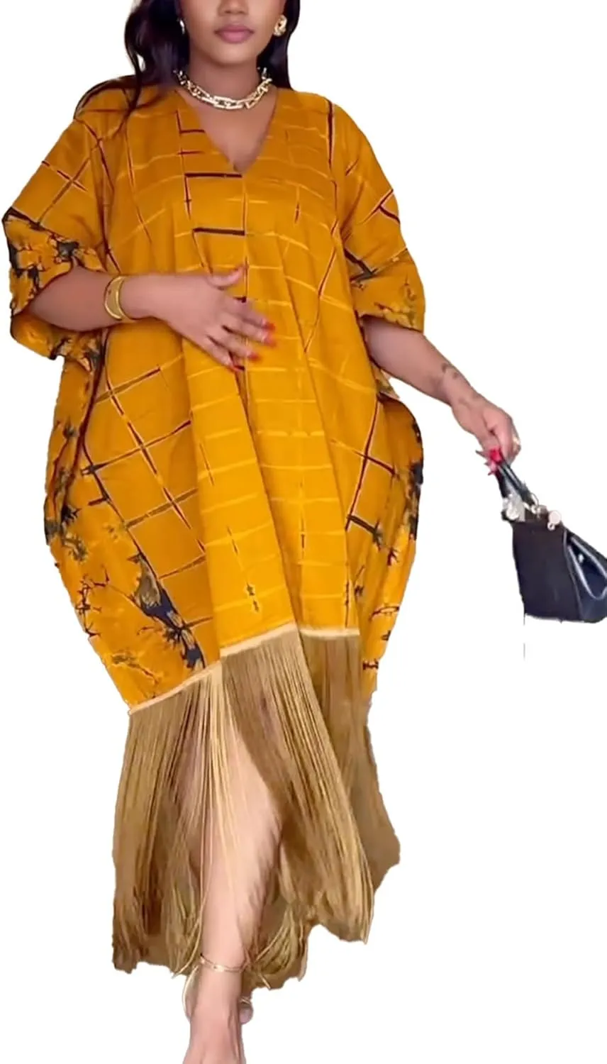 Ecirod Women Plus Size African Fringe Midi Dress Summer Casual Vacation V Neck Batwing Short Sleeve T Shirt Dresses
