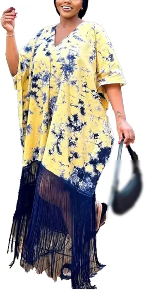 Ecirod Women Plus Size African Fringe Midi Dress Summer Casual Vacation V Neck Batwing Short Sleeve T Shirt Dresses