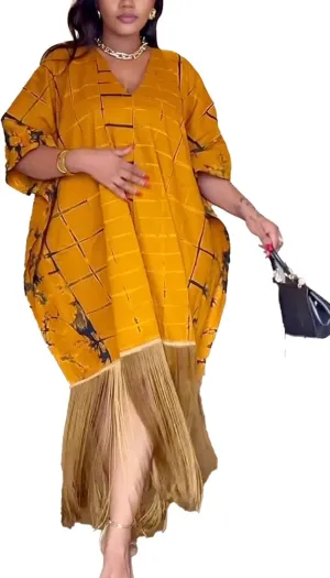 Ecirod Women Plus Size African Fringe Midi Dress Summer Casual Vacation V Neck Batwing Short Sleeve T Shirt Dresses