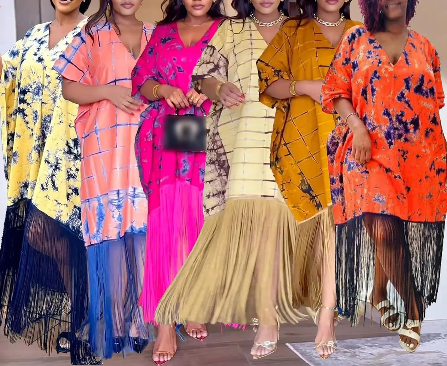 Ecirod Women Plus Size African Fringe Midi Dress Summer Casual Vacation V Neck Batwing Short Sleeve T Shirt Dresses