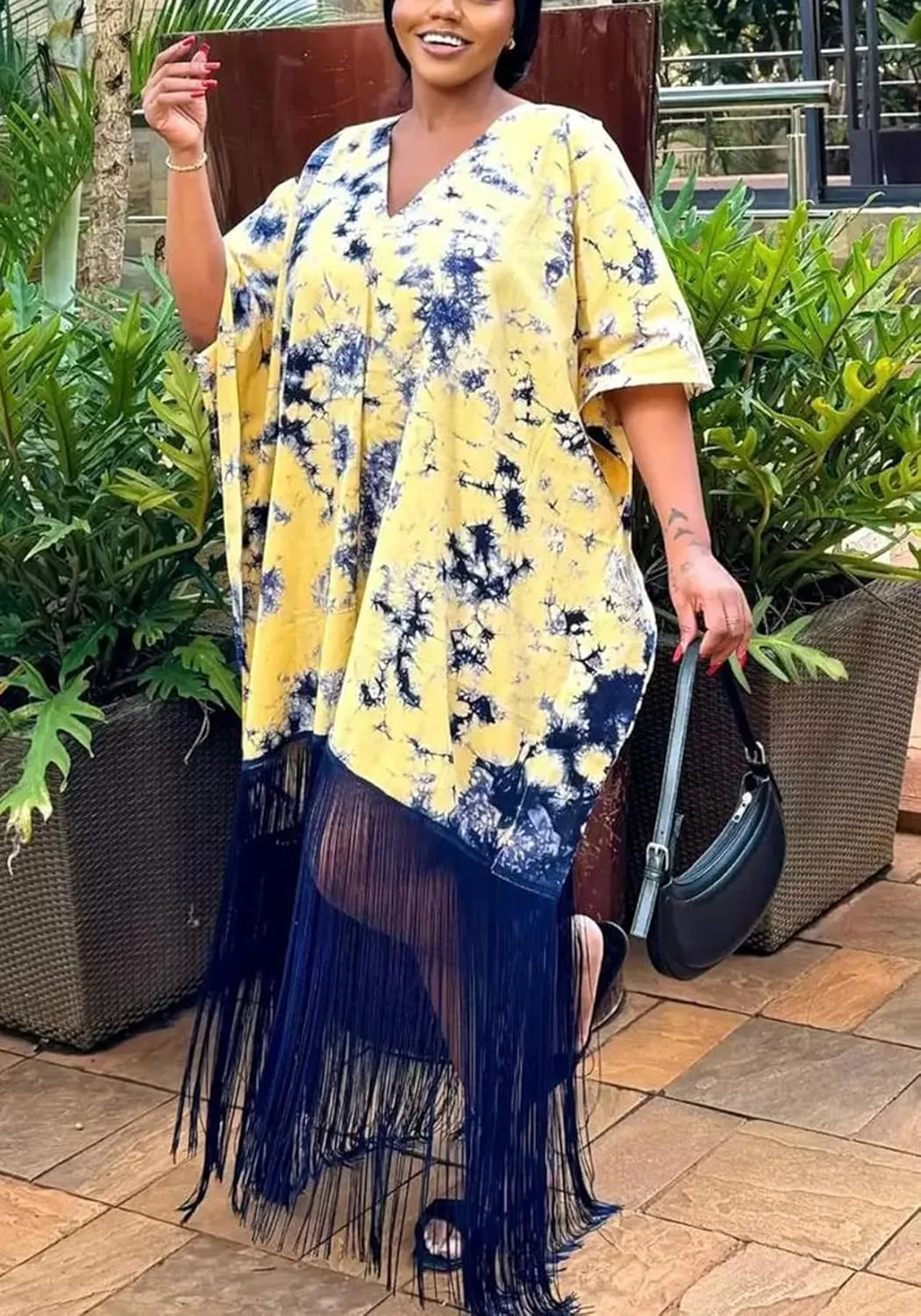 Ecirod Women Plus Size African Fringe Midi Dress Summer Casual Vacation V Neck Batwing Short Sleeve T Shirt Dresses