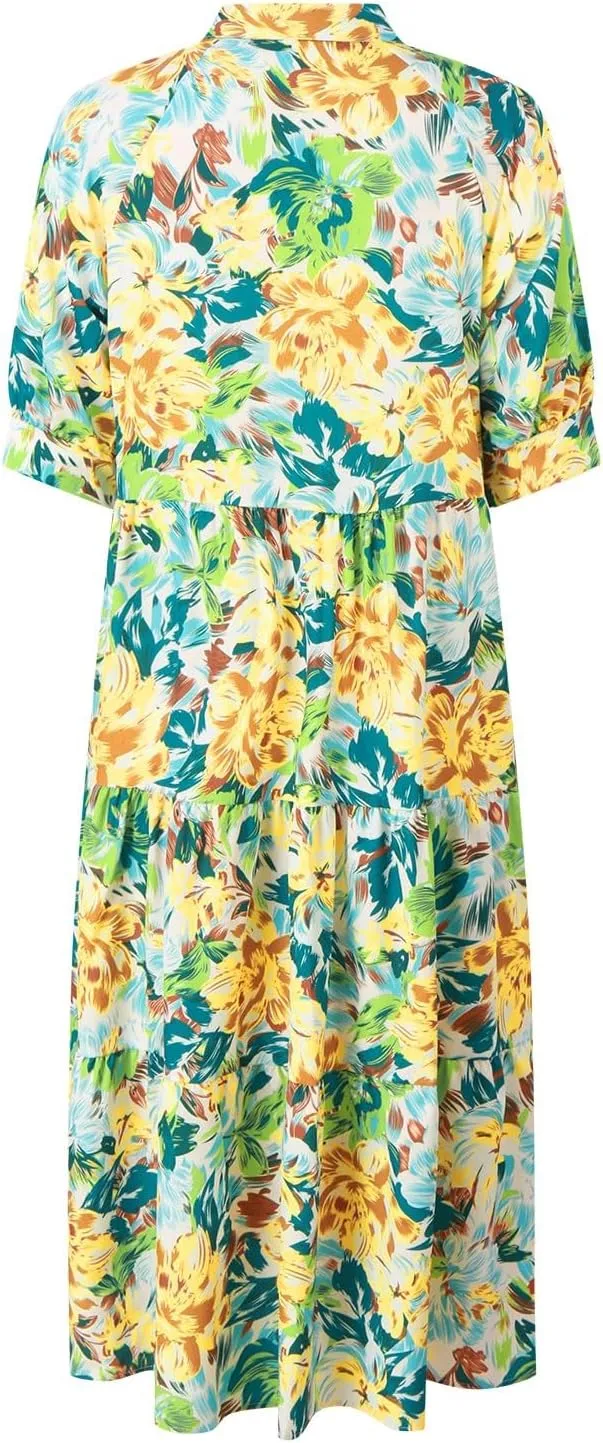 Eduavar Midi Dresses for Women 2024 Summer Elegant Dresses for Women Floral Print Short Sleeve Flowy Midi Dress with Pockets