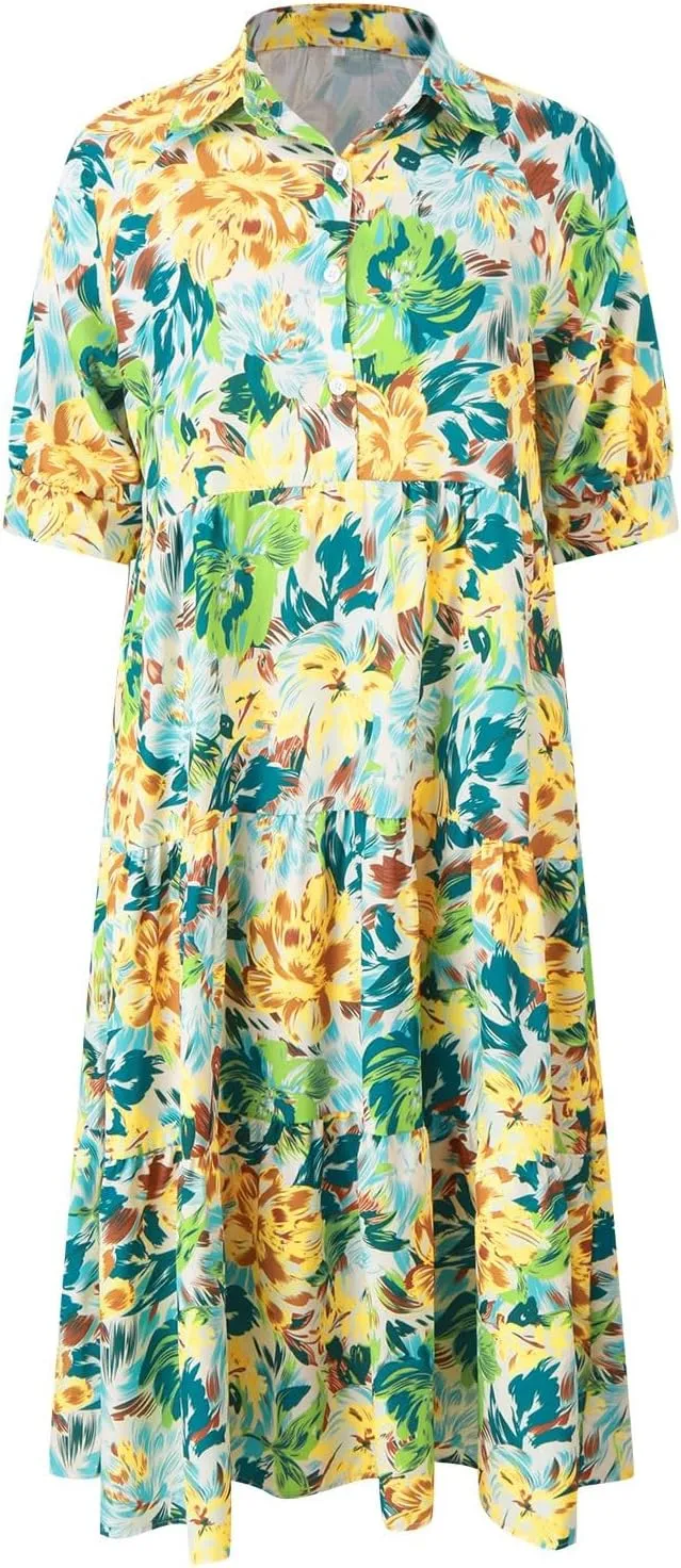 Eduavar Midi Dresses for Women 2024 Summer Elegant Dresses for Women Floral Print Short Sleeve Flowy Midi Dress with Pockets