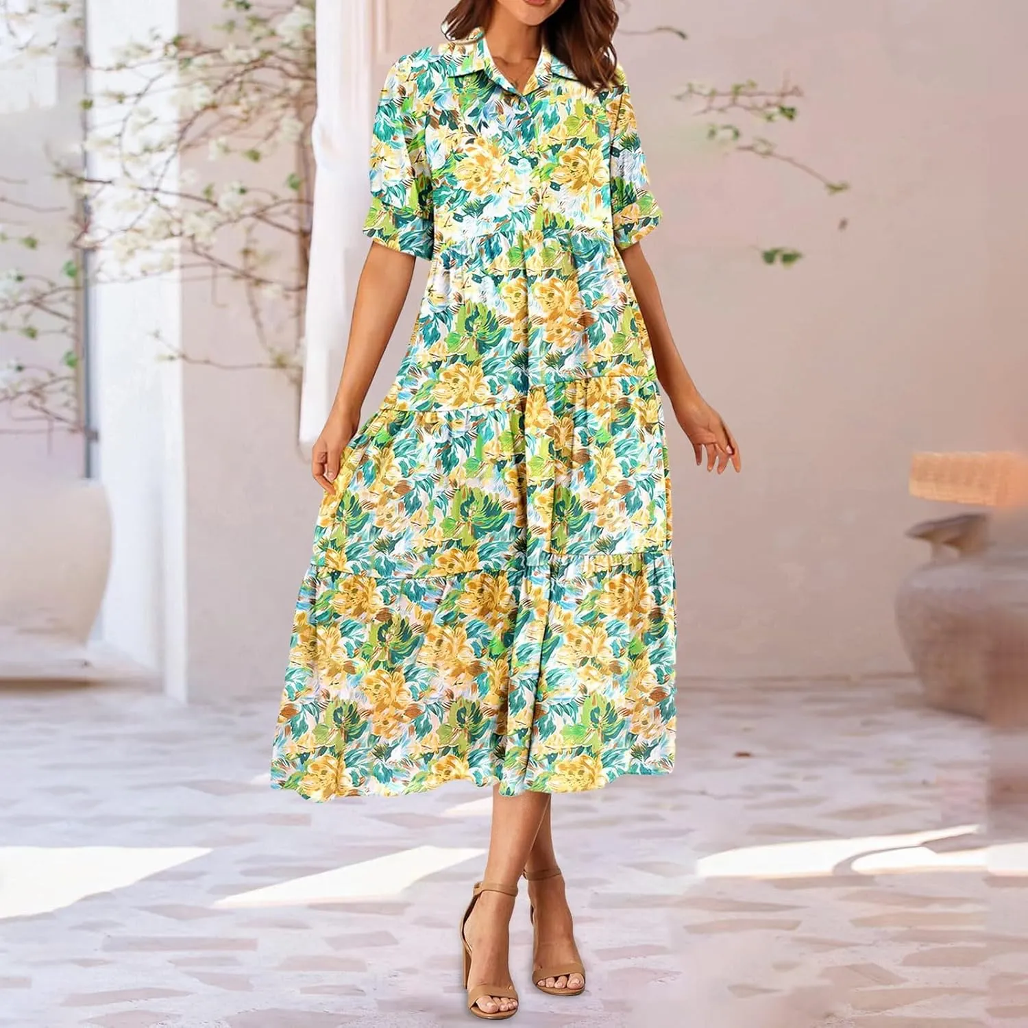 Eduavar Midi Dresses for Women 2024 Summer Elegant Dresses for Women Floral Print Short Sleeve Flowy Midi Dress with Pockets