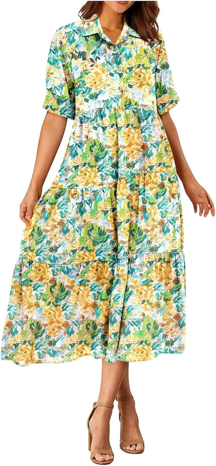Eduavar Midi Dresses for Women 2024 Summer Elegant Dresses for Women Floral Print Short Sleeve Flowy Midi Dress with Pockets