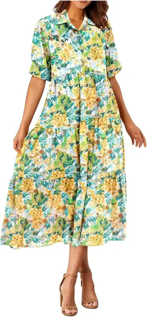 Eduavar Midi Dresses for Women 2024 Summer Elegant Dresses for Women Floral Print Short Sleeve Flowy Midi Dress with Pockets