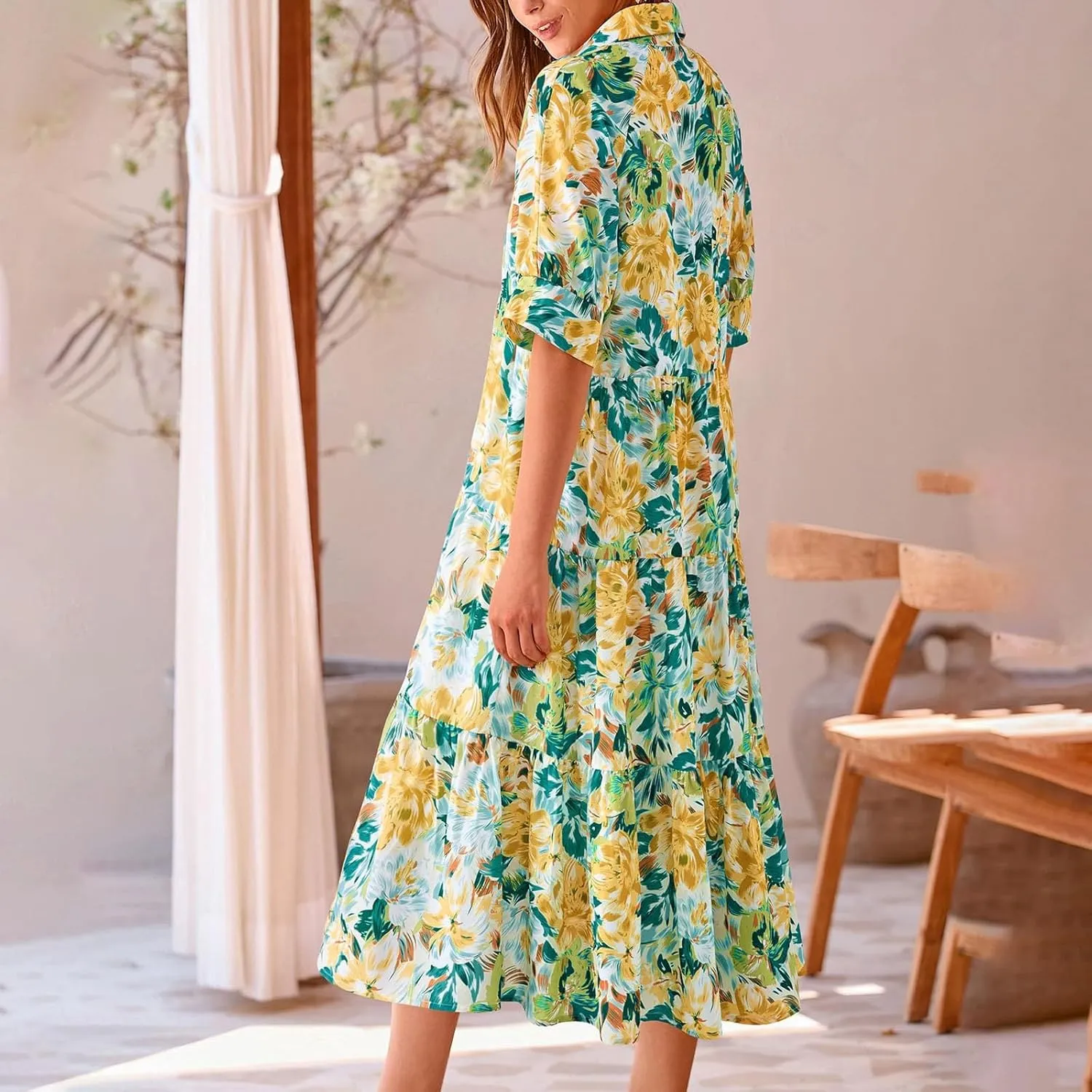 Eduavar Midi Dresses for Women 2024 Summer Elegant Dresses for Women Floral Print Short Sleeve Flowy Midi Dress with Pockets