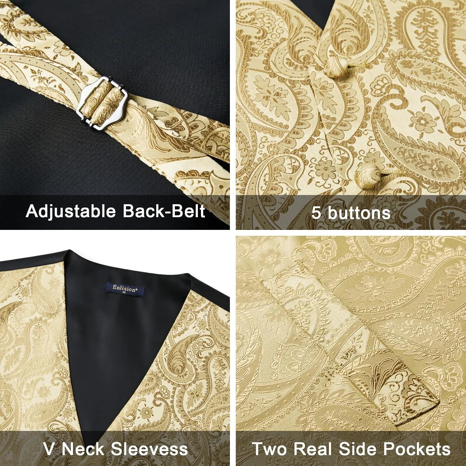 Enlision Suit Vest for Men Formal Paisley Mens Vests Dress Tie and Pocket Square Cufflinks Set Waistcoat Wedding Business