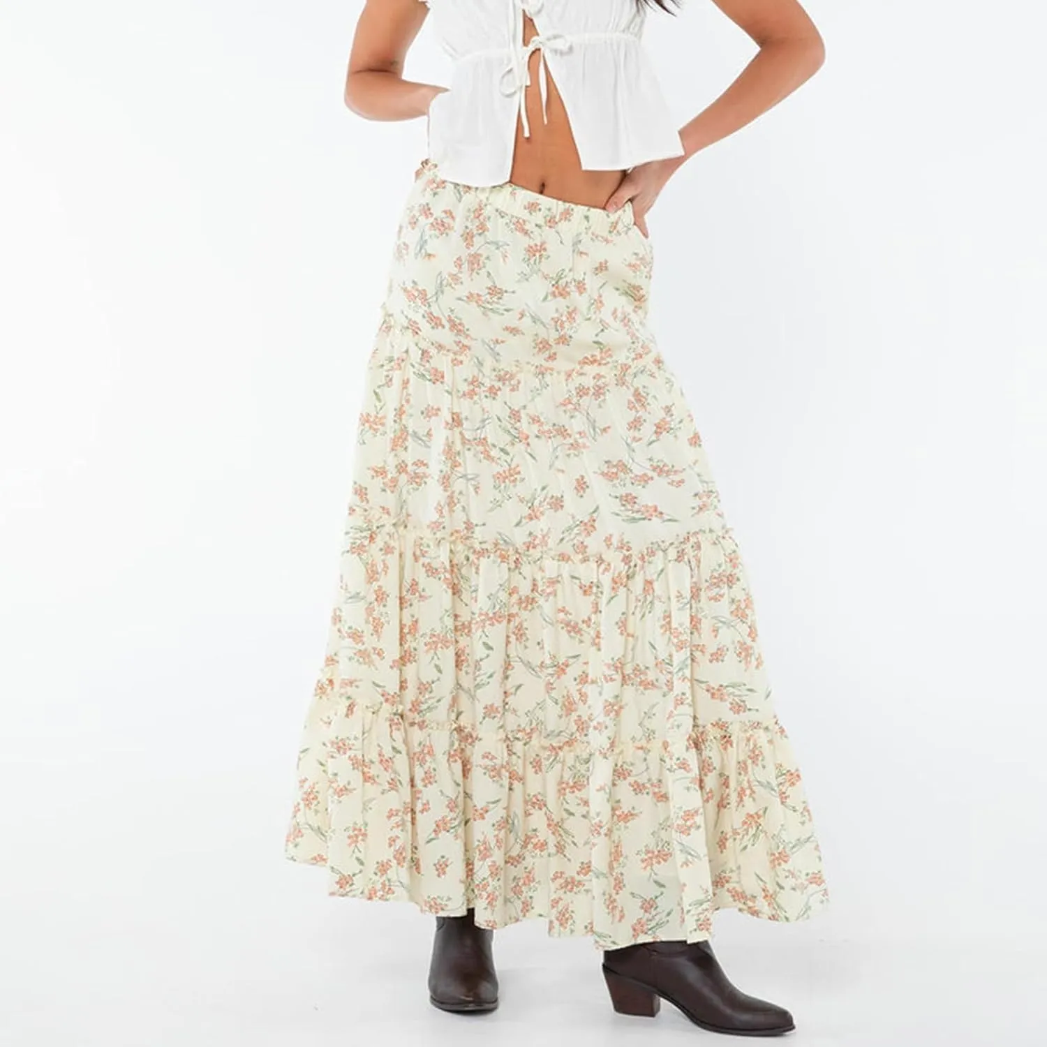 Fanvereka Women's Solid Color Linen Low Rise Boho Maxi Skirts Elastic Drawstring Waist Long Tiered Flowy Skirt for Vacation