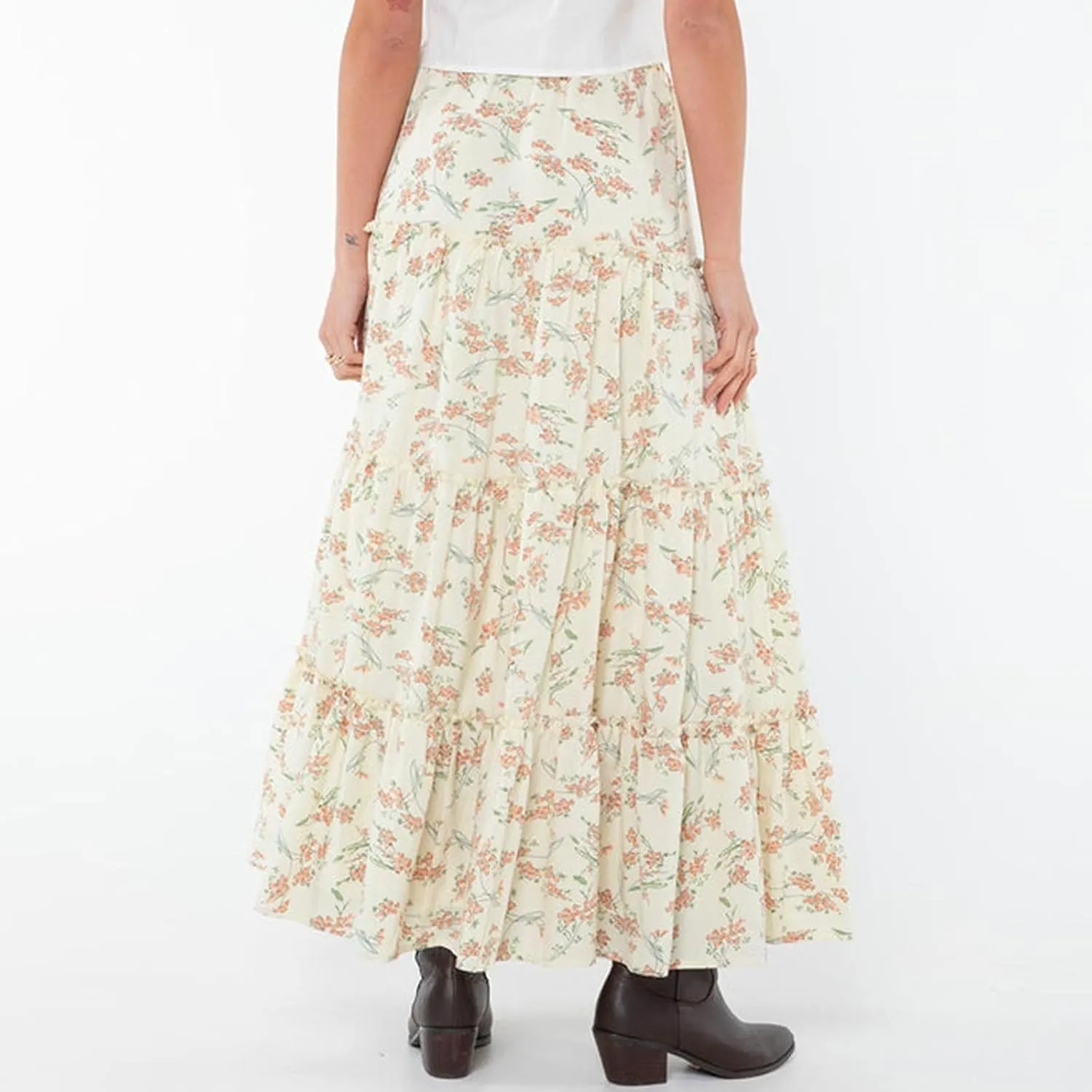 Fanvereka Women's Solid Color Linen Low Rise Boho Maxi Skirts Elastic Drawstring Waist Long Tiered Flowy Skirt for Vacation