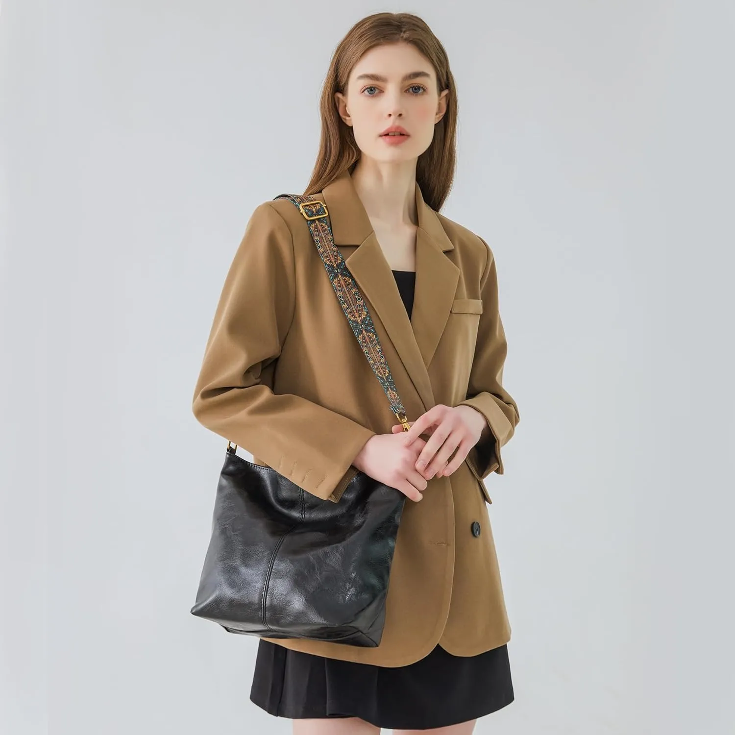 Fashion Hobo Crossbody Bag for Women Genuine Leather Shoulder Purse with Guitar Strap for Casual or Work Use