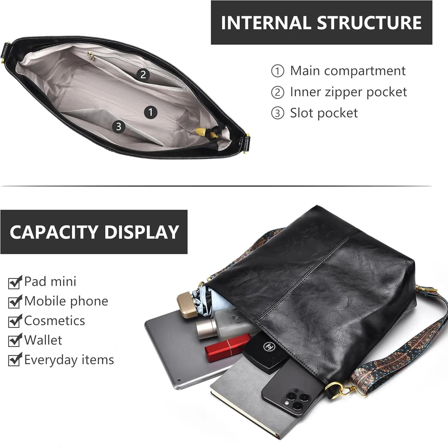 Fashion Hobo Crossbody Bag for Women Genuine Leather Shoulder Purse with Guitar Strap for Casual or Work Use