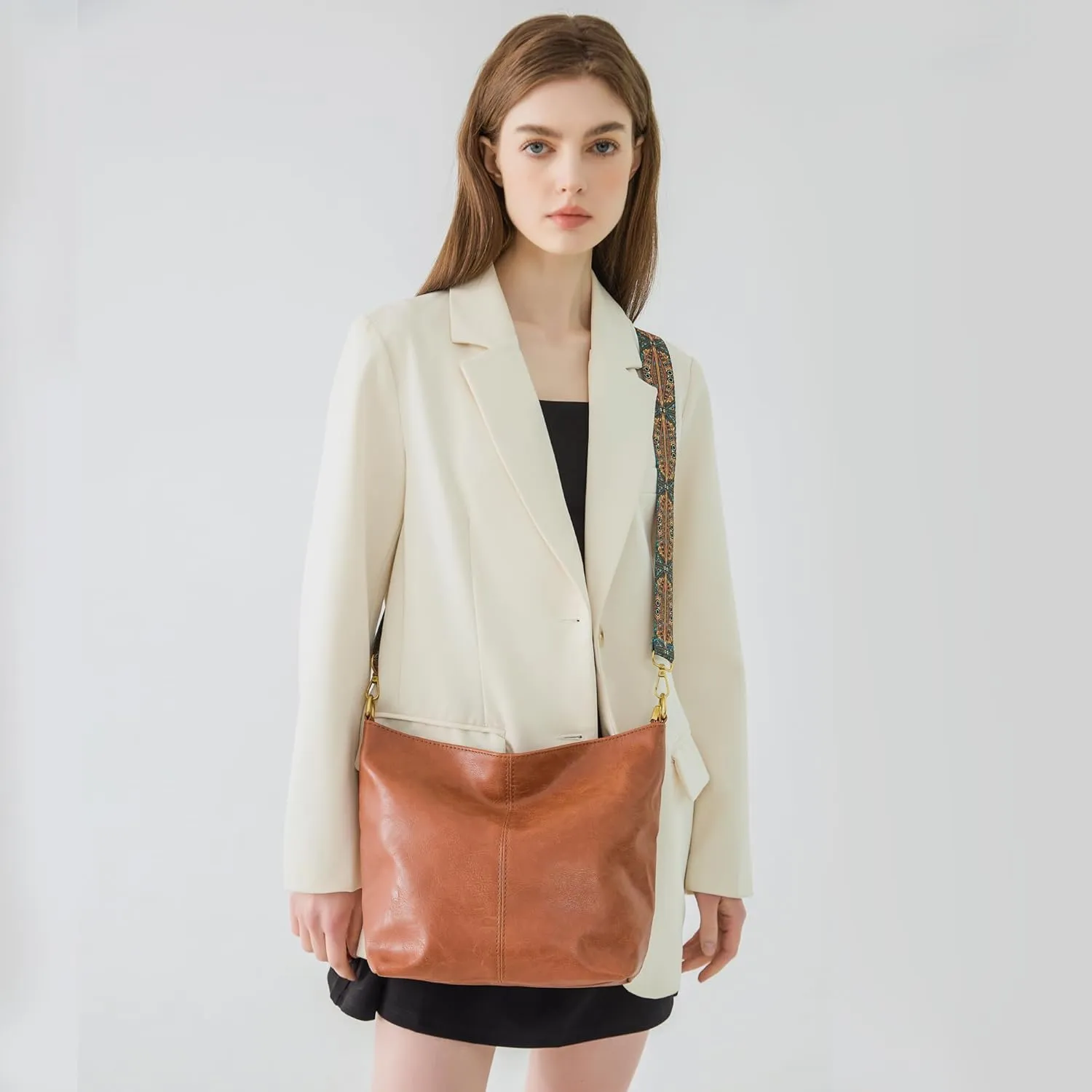 Fashion Hobo Crossbody Bag for Women Genuine Leather Shoulder Purse with Guitar Strap for Casual or Work Use