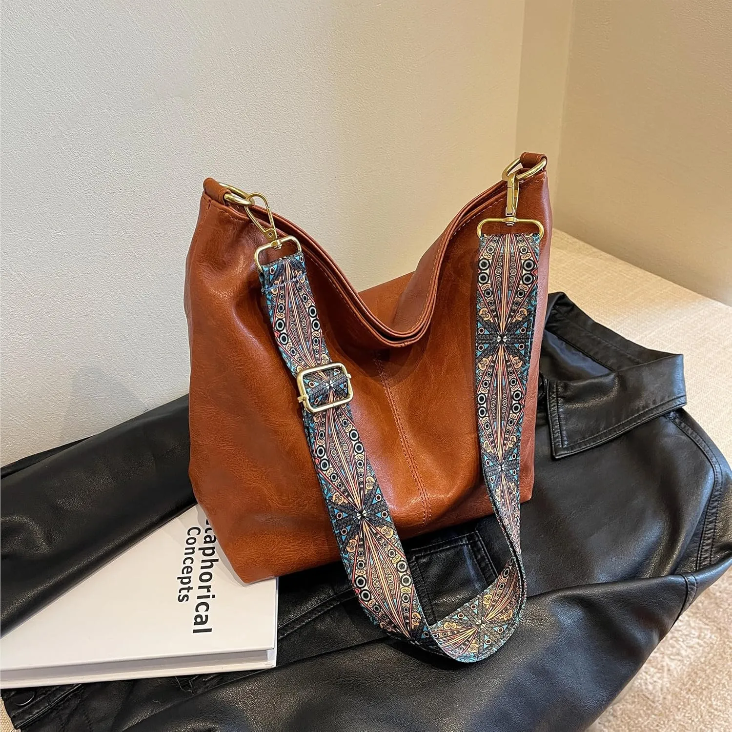 Fashion Hobo Crossbody Bag for Women Genuine Leather Shoulder Purse with Guitar Strap for Casual or Work Use