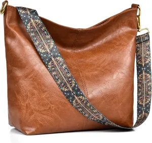 Fashion Hobo Crossbody Bag for Women Genuine Leather Shoulder Purse with Guitar Strap for Casual or Work Use