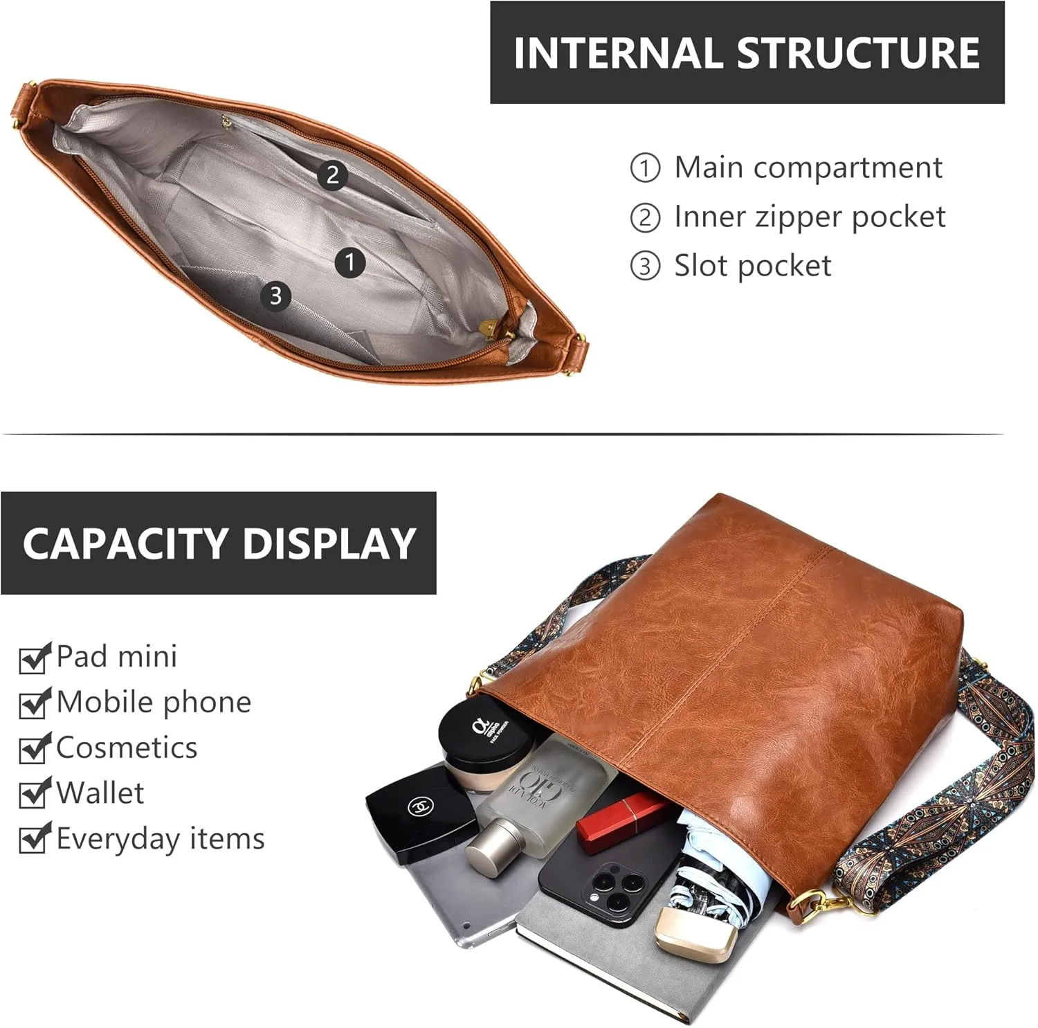 Fashion Hobo Crossbody Bag for Women Genuine Leather Shoulder Purse with Guitar Strap for Casual or Work Use