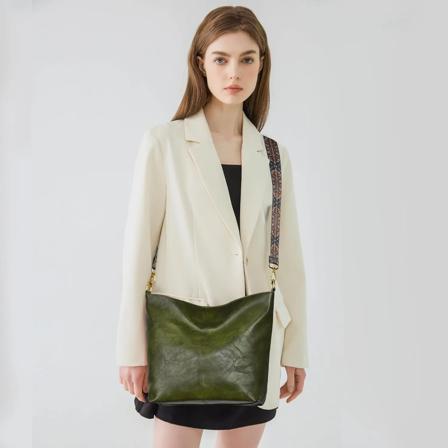 Fashion Hobo Crossbody Bag for Women Genuine Leather Shoulder Purse with Guitar Strap for Casual or Work Use