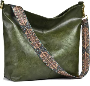 Fashion Hobo Crossbody Bag for Women Genuine Leather Shoulder Purse with Guitar Strap for Casual or Work Use