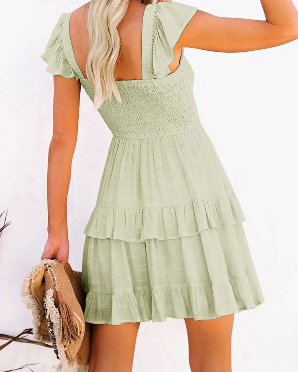 Fessceruna Womens Summer Ruffle Dresses Elastic Empire Waist A-line Layered Swing Flowy Mini Dress