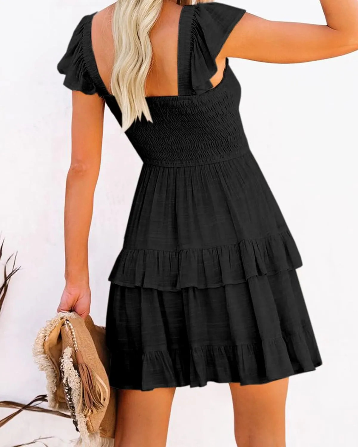 Fessceruna Womens Summer Ruffle Dresses Elastic Empire Waist A-line Layered Swing Flowy Mini Dress