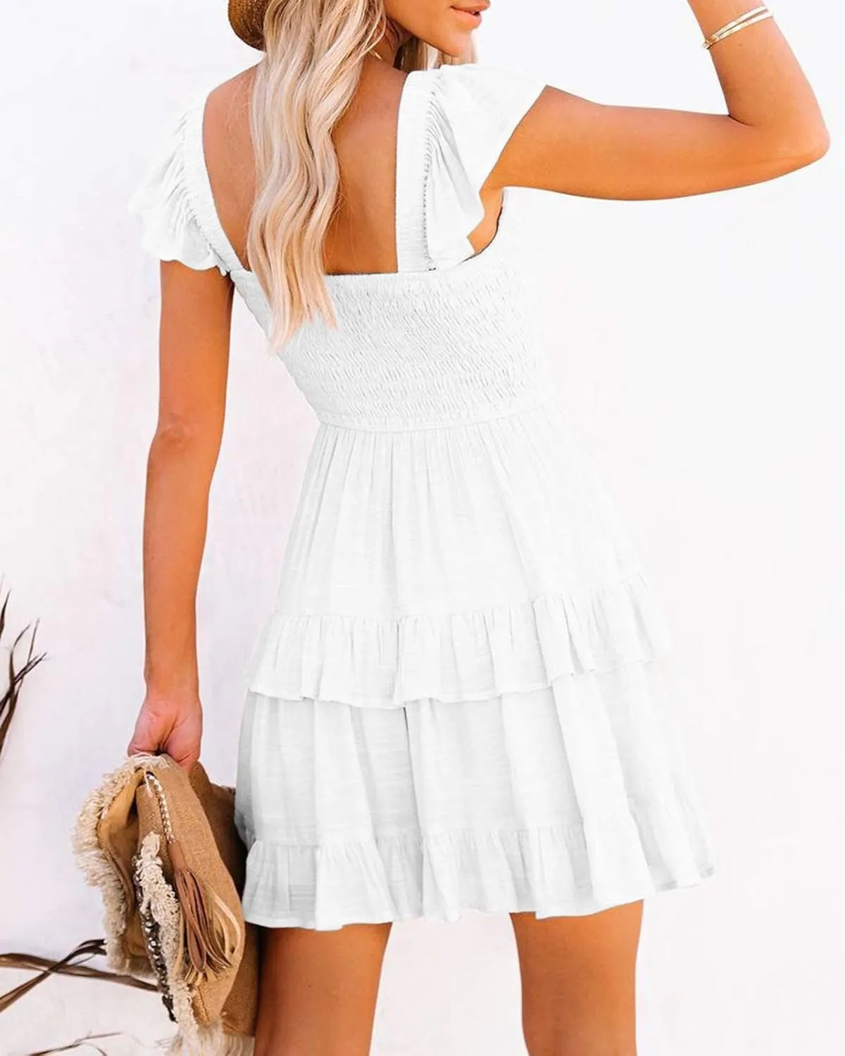 Fessceruna Womens Summer Ruffle Dresses Elastic Empire Waist A-line Layered Swing Flowy Mini Dress