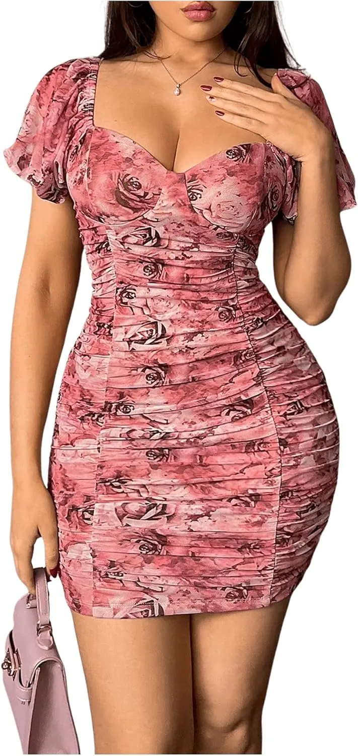 Floerns Women's Floral Sweetheart Neck Ruched Mini Dress Puff Sleeve Bodycon Dresses