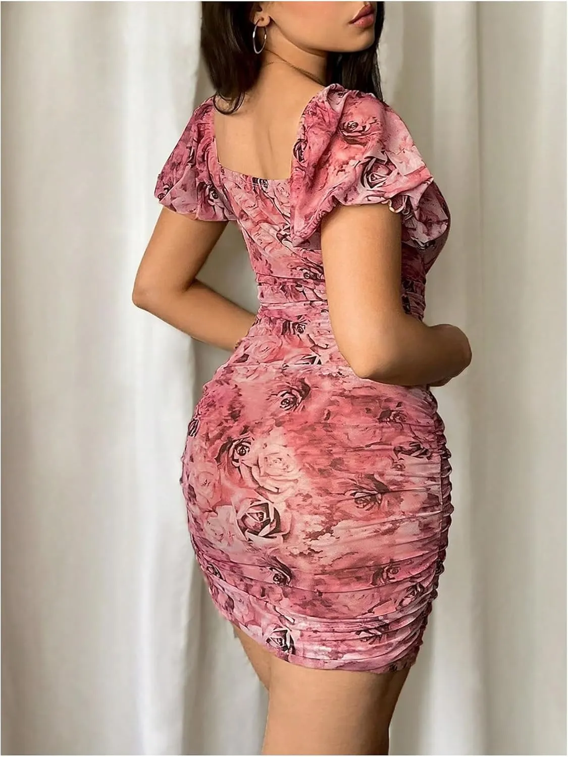 Floerns Women's Floral Sweetheart Neck Ruched Mini Dress Puff Sleeve Bodycon Dresses