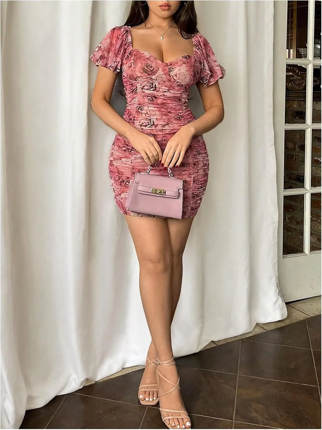 Floerns Women's Floral Sweetheart Neck Ruched Mini Dress Puff Sleeve Bodycon Dresses
