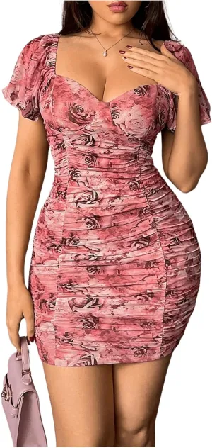 Floerns Women's Floral Sweetheart Neck Ruched Mini Dress Puff Sleeve Bodycon Dresses