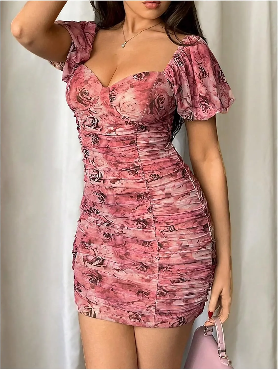 Floerns Women's Floral Sweetheart Neck Ruched Mini Dress Puff Sleeve Bodycon Dresses
