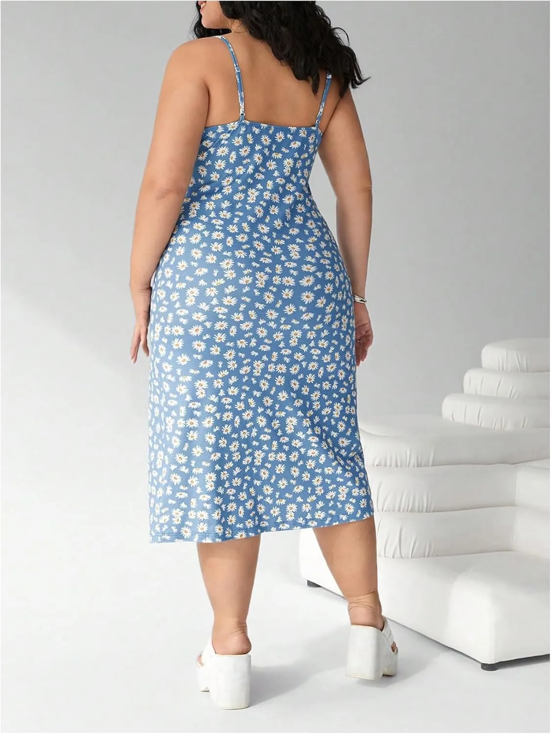 Floerns Women's Plus Size Floral Bodycon Dresses Spaghetti Strap Ruched Bust Slit Midi Dress